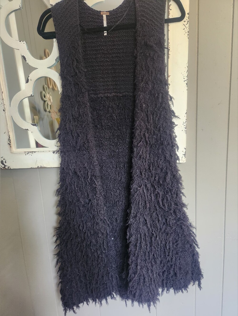Free People Black Shaggy Open-Front Knit Vest